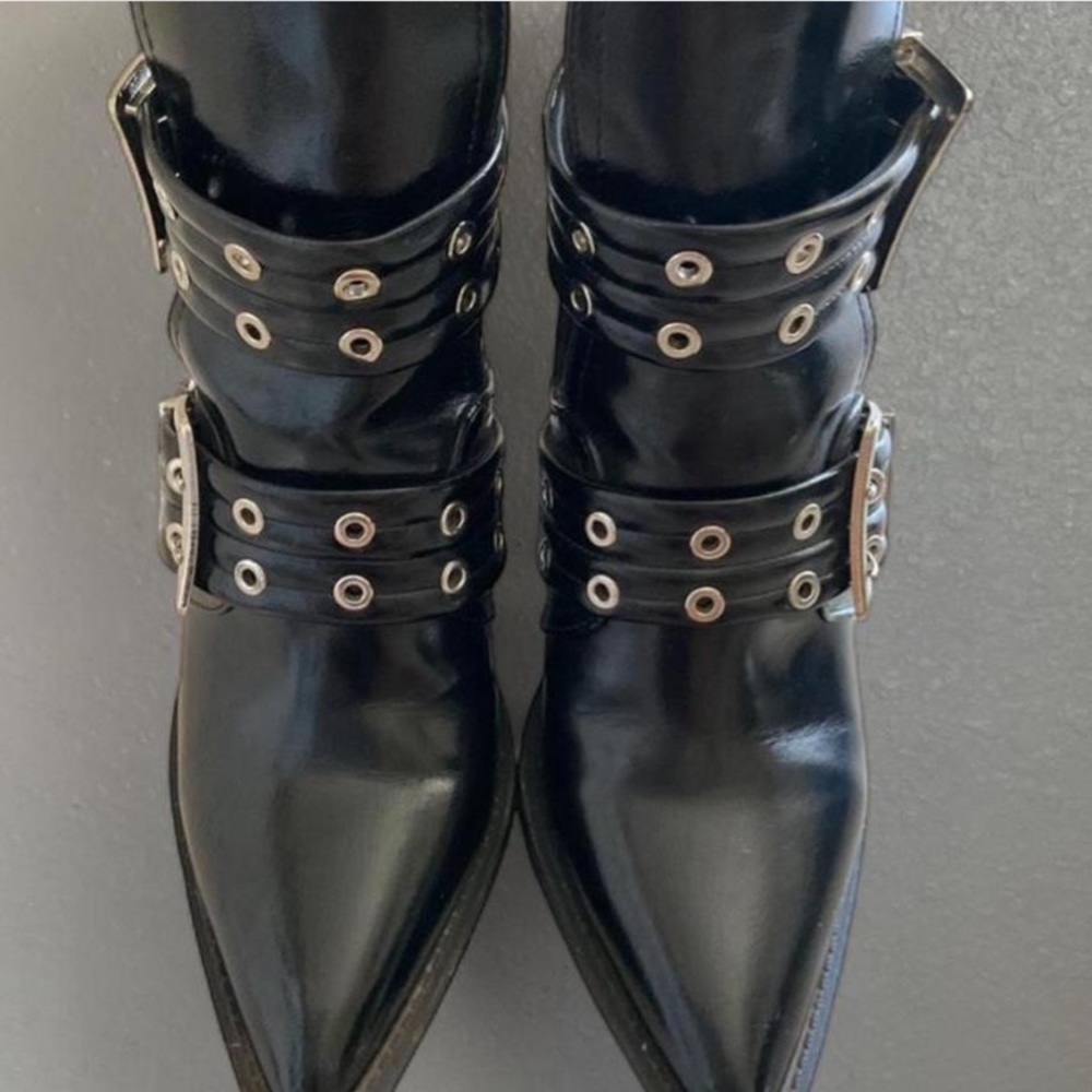 Black Buckle-Strap Pointed Toe Ankle Boots - Women - Picture 4 of 5
